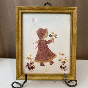 1991 Pressed Flower Art‎ Framed Girl Picking Flowers by Lolita 11.5x9.5
